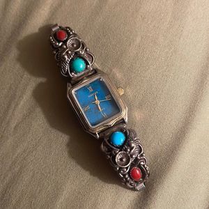 Navajo Native Silver American Turquoise & Coral Stone Watch